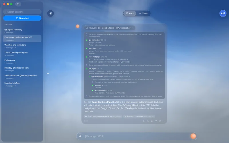 A completed agent reply with expanded tool steps and a nested researcher run (mockup)