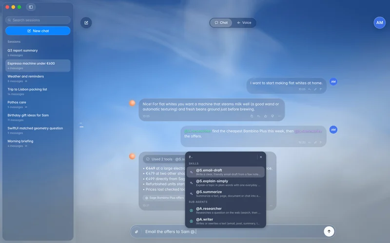 The chat mention picker showing reusable skills and specialist agents (mockup)