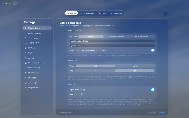 Models & endpoints showing backend, prompt size and Agent mode controls (mockup)
