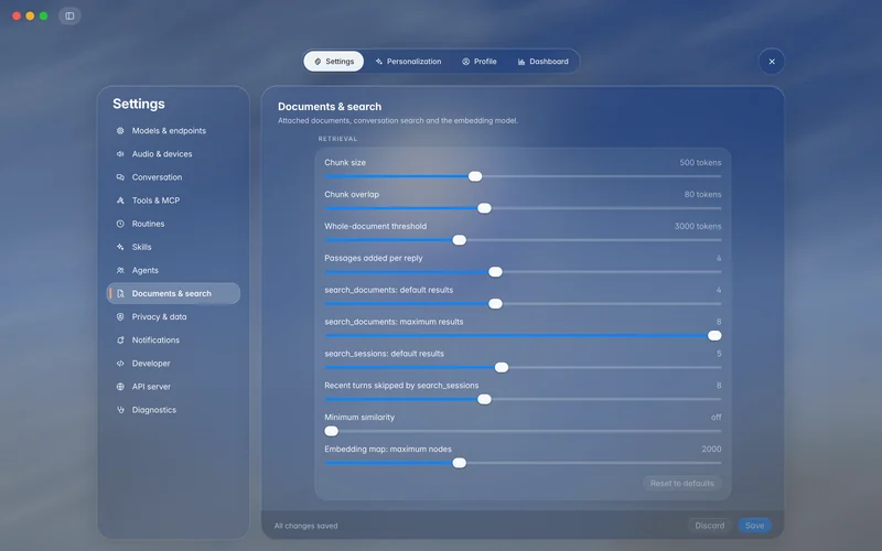 Documents & search retrieval controls for chunks, overlap, passages and similarity (mockup)