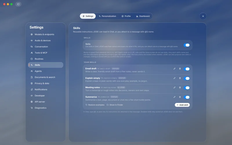 Skills settings with reusable instruction files and individual enable switches (mockup)