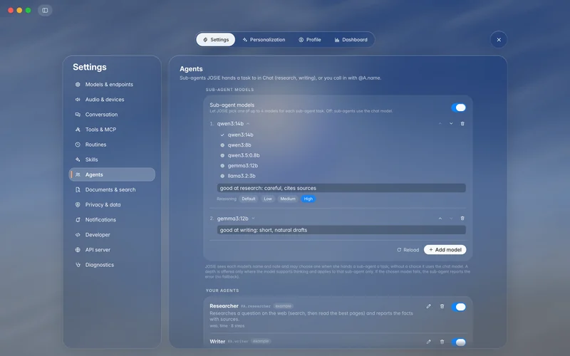 Agents settings with a model pool, capability notes and reasoning depth choices (mockup)
