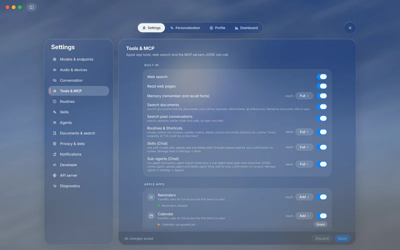 Tools & MCP with built-in switches and Apple app access depth controls (mockup)