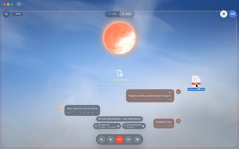 The call window while a PDF is dragged onto it: a dashed drop frame and attachment chips above the controls (mockup)