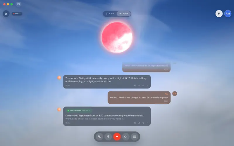 A voice call where JOSIE answers a weather question, then runs an add reminder tool call and confirms the reminder in the transcript (mockup)