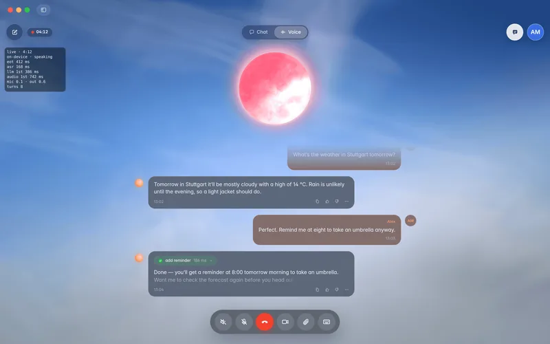 A call with the developer debug overlay in the top-left corner: call state, end of turn, speech recognition, first token and first audio times, levels and turns (mockup)