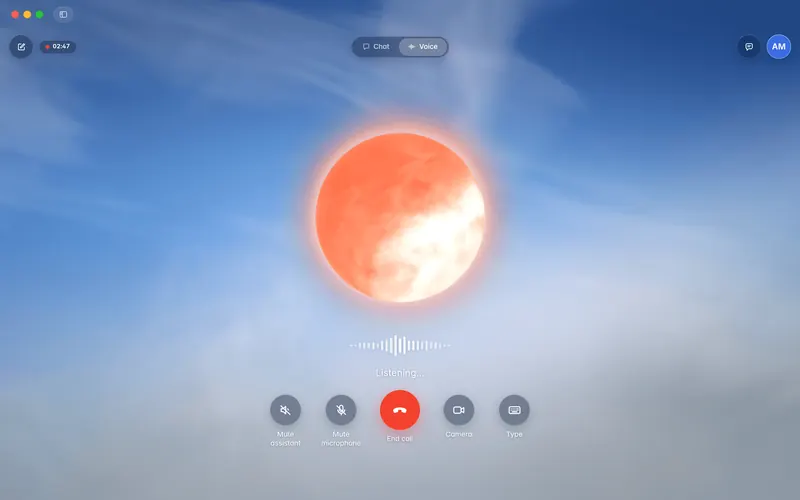 Voice mode during a call with transcripts hidden: the big centred orb, a waveform and Listening… under it, and five round call controls with labels (mockup)