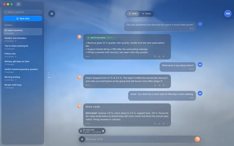 Chat mode with the sessions sidebar, glass bubbles with avatars and timestamps, and a PDF attachment chip in the composer (mockup)