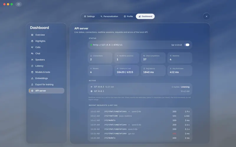 Dashboard API server: status, URL, uptime, sessions, requests per endpoint and recent requests (mockup)