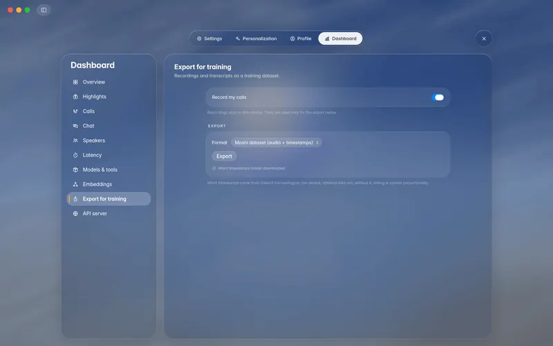 Dashboard export for training: the Record my calls switch, a format picker and the Export button (mockup)