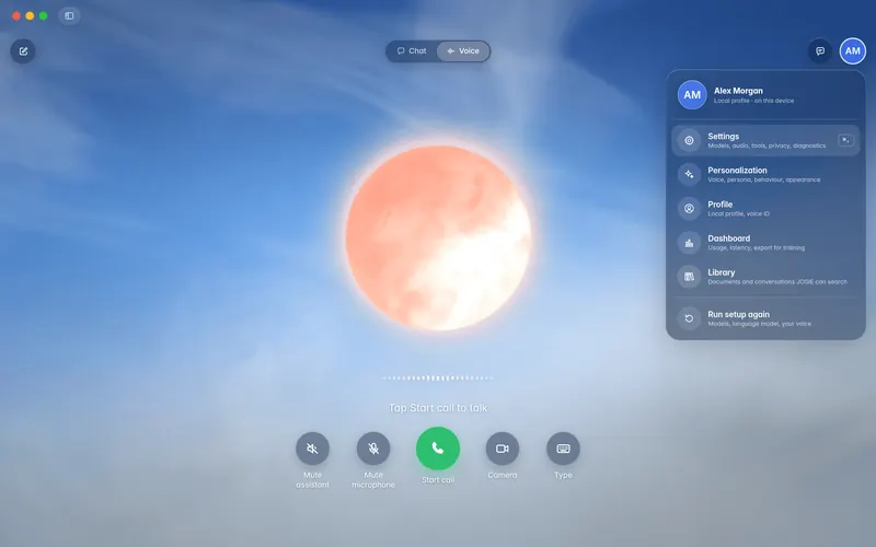 The avatar menu open: local profile, Settings, Personalization, Profile, Dashboard, Library and Run setup again (mockup)