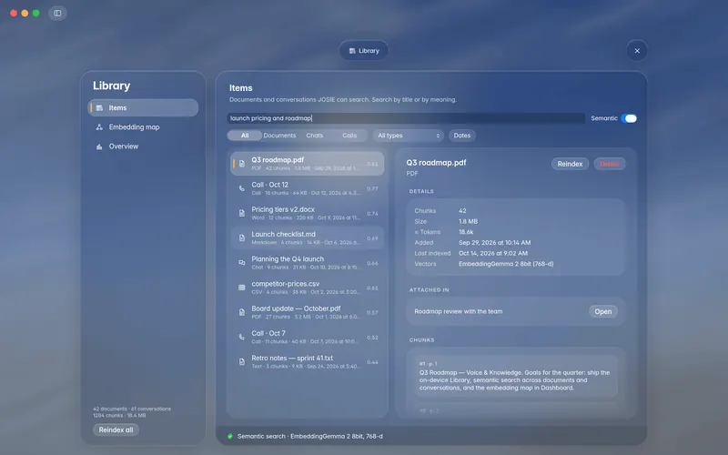 The Library window: semantic search, kind, type and date filters, a list of documents and conversations, and one document's details and chunk preview (mockup)