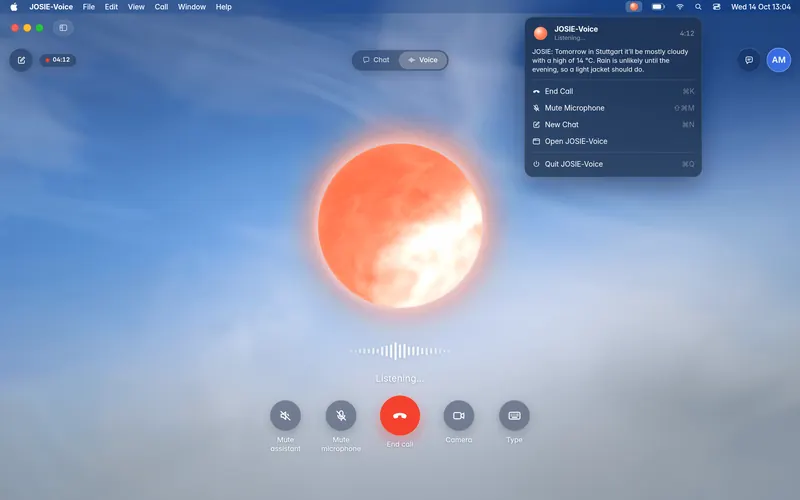 The menu bar extra open during a call: status, elapsed time, the last transcript line and menu items for ending the call and muting (mockup)