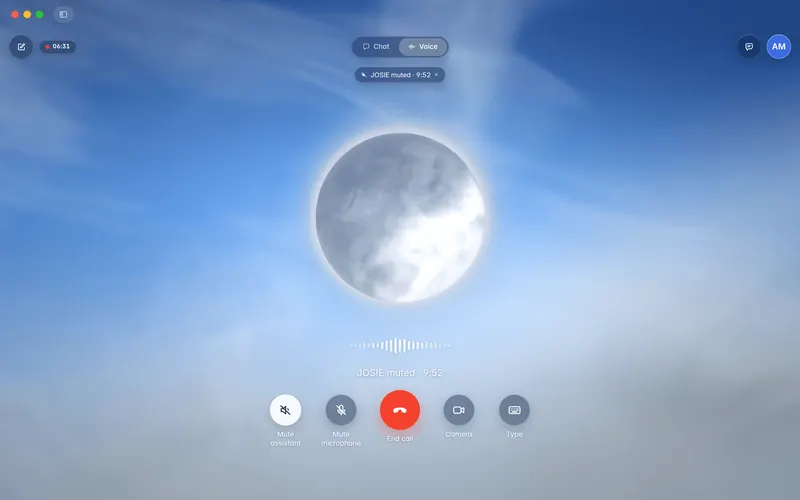 A call after a timed mute: the JOSIE muted chip with a countdown at the top of the call screen (mockup)
