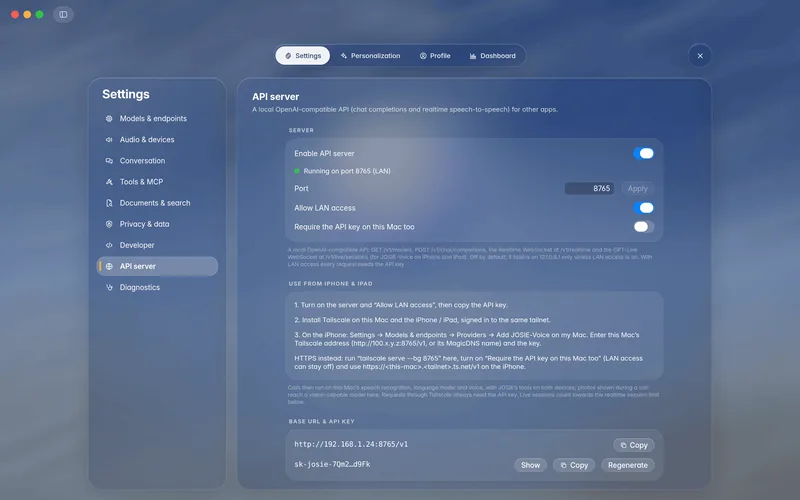 Settings, API server: the server running with LAN access, steps for using it from iPhone and iPad over Tailscale, a hidden API key and the session limit (mockup)