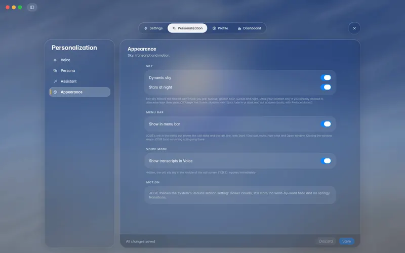 Personalization, Appearance: dynamic sky, stars at night, show in menu bar and show transcripts switches (mockup)