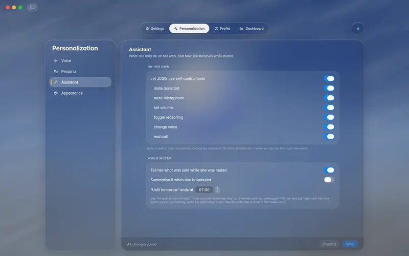 Personalization, Assistant: the self-control tools switch with per-tool switches and the While muted section (mockup)