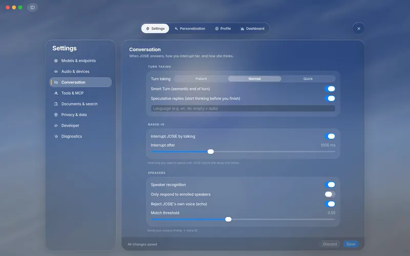 Settings, Conversation: turn taking speed, Smart Turn and speculative switches, language, the barge-in slider and speakers (mockup)