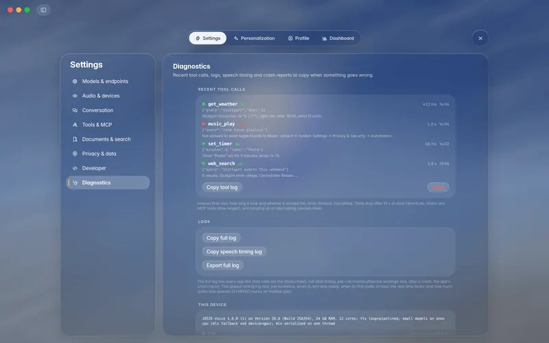 Settings, Diagnostics: recent tool calls with status dots and durations, log buttons and device info (mockup)