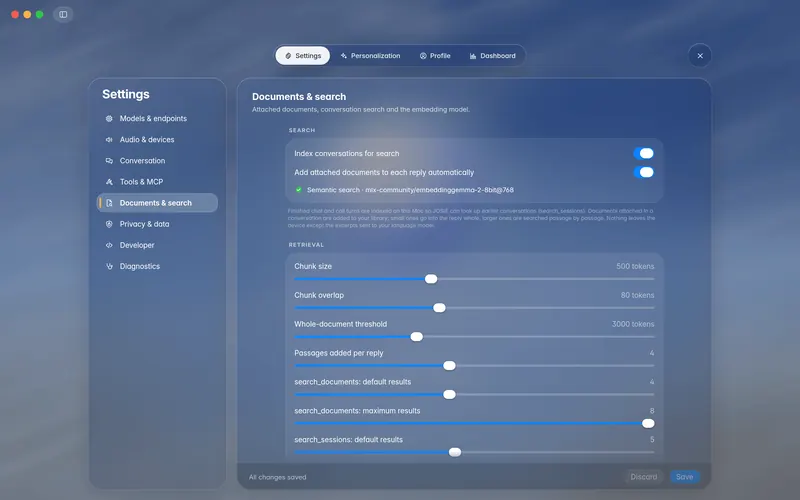 Settings, Documents and search: conversation indexing, auto context and the documents list (mockup)