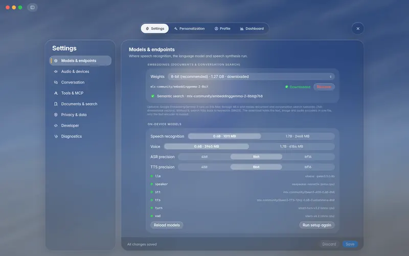Settings, Embeddings: the weights picker on 8-bit, the Downloaded badge and the semantic search status line (mockup)