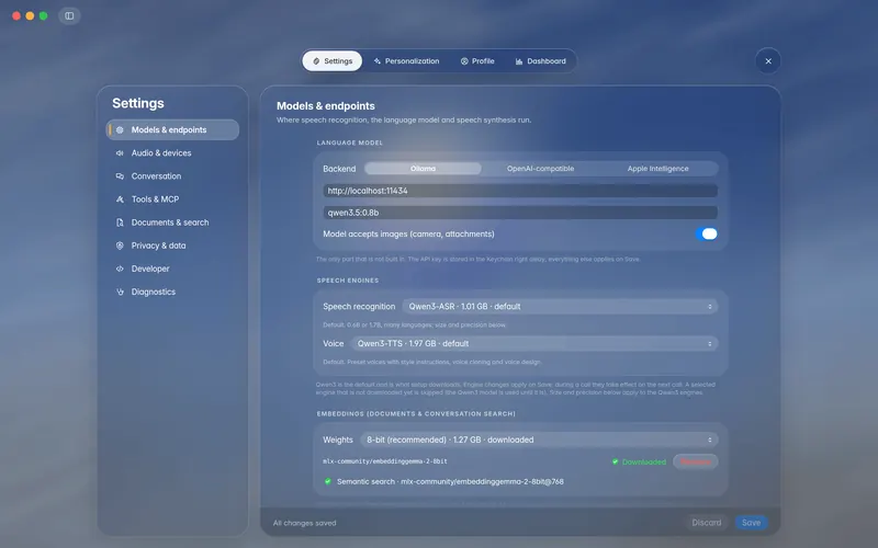 Settings, Models and endpoints: the language model section with Ollama selected and the start of Speech engines (mockup)