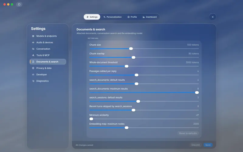 Settings, Retrieval: chunk size, overlap, passages and search limit sliders with Reset to defaults (mockup)