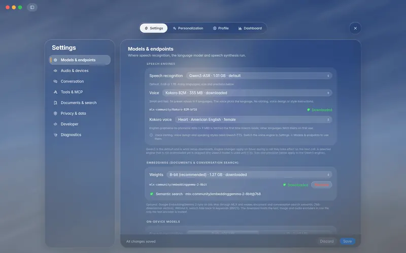 Settings, Speech engines with Kokoro 82M selected as the voice, its download row and voice picker (mockup)