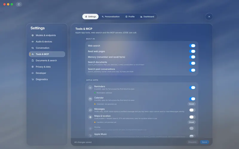 Settings, Tools and MCP: built-in tool switches and Apple apps with permission status and a Grant button (mockup)
