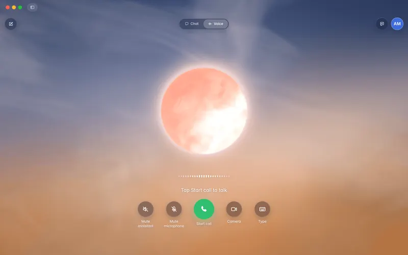 Voice mode at golden hour: the warm evening sky behind the orb (mockup)