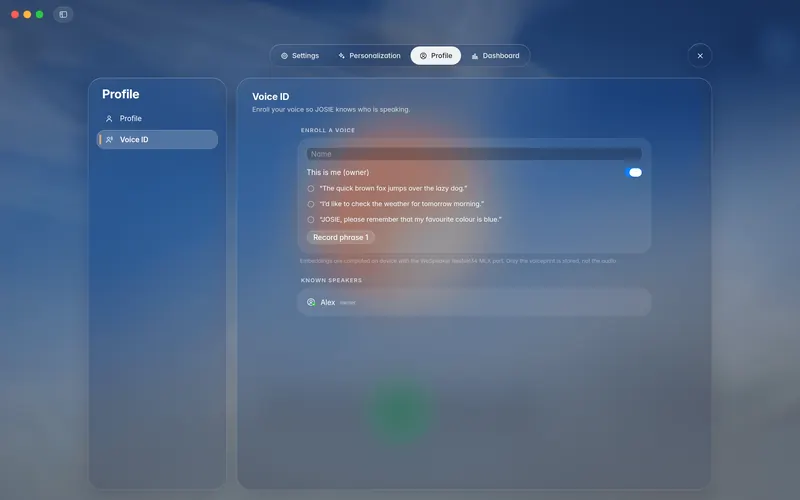 Profile, Voice ID: the enrolment form with three phrases and one known speaker marked owner (mockup)