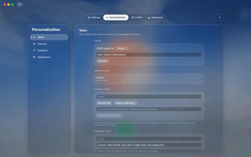 Personalization, Voice: the voice JOSIE speaks as, a style field, a saved voice, and the Clone a voice and Design a voice sections (mockup)