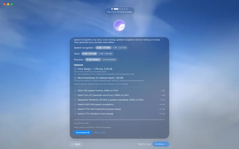 Onboarding, On-device models: model sizes selected, optional add-ons unchecked and the free space needed (mockup)